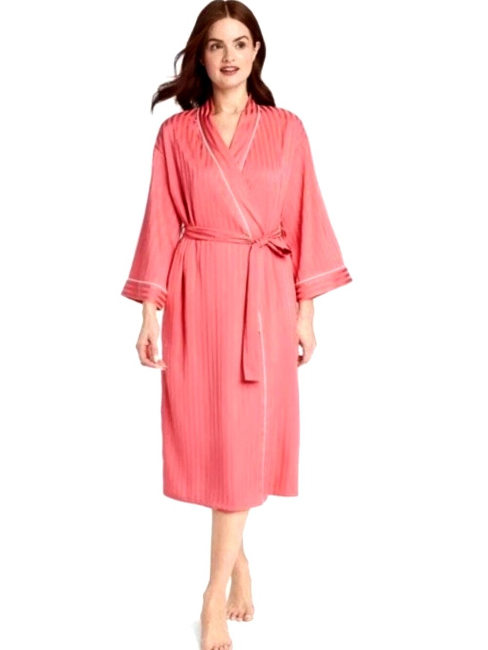 Women's M/L Luxury Satin Coral Shadow Striped Long Robe NWT